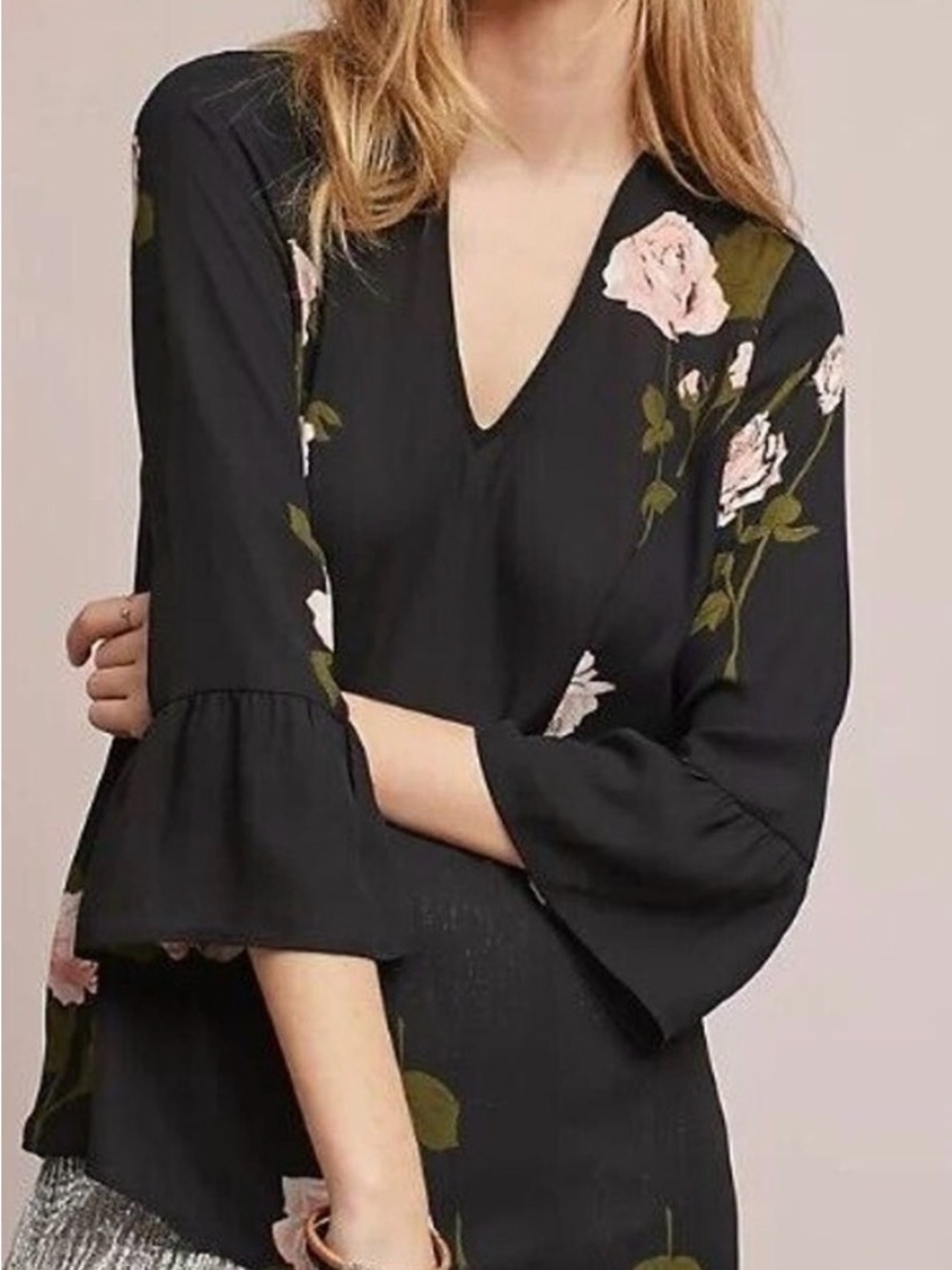 Maeve Black Top with Pink and Olive Floral Print